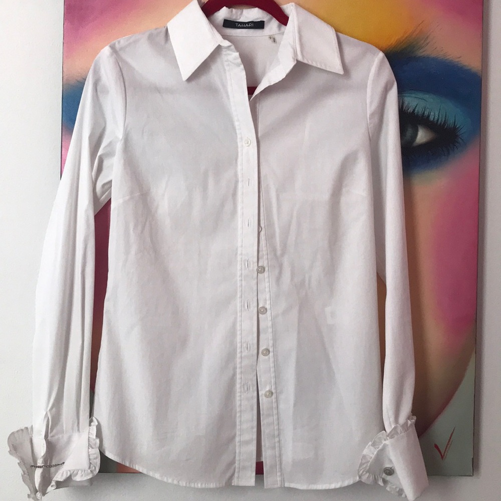 Tahari white shirt with sleeve detail